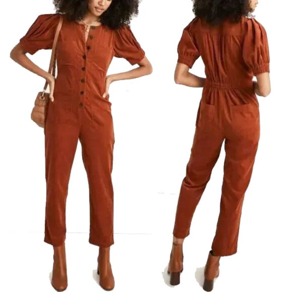 NWT Madewell Cotton Corduroy Puff Sleeve Button Front Jumpsuit 00 Burnt Orange